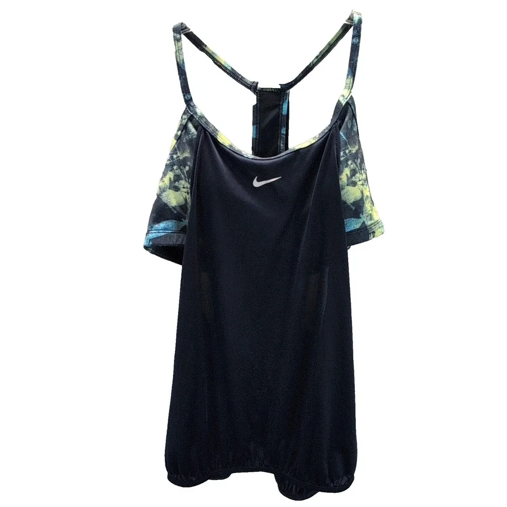 Nike Women's M Tank Top Built-In Bra Navy/Green Racerback Lightweight